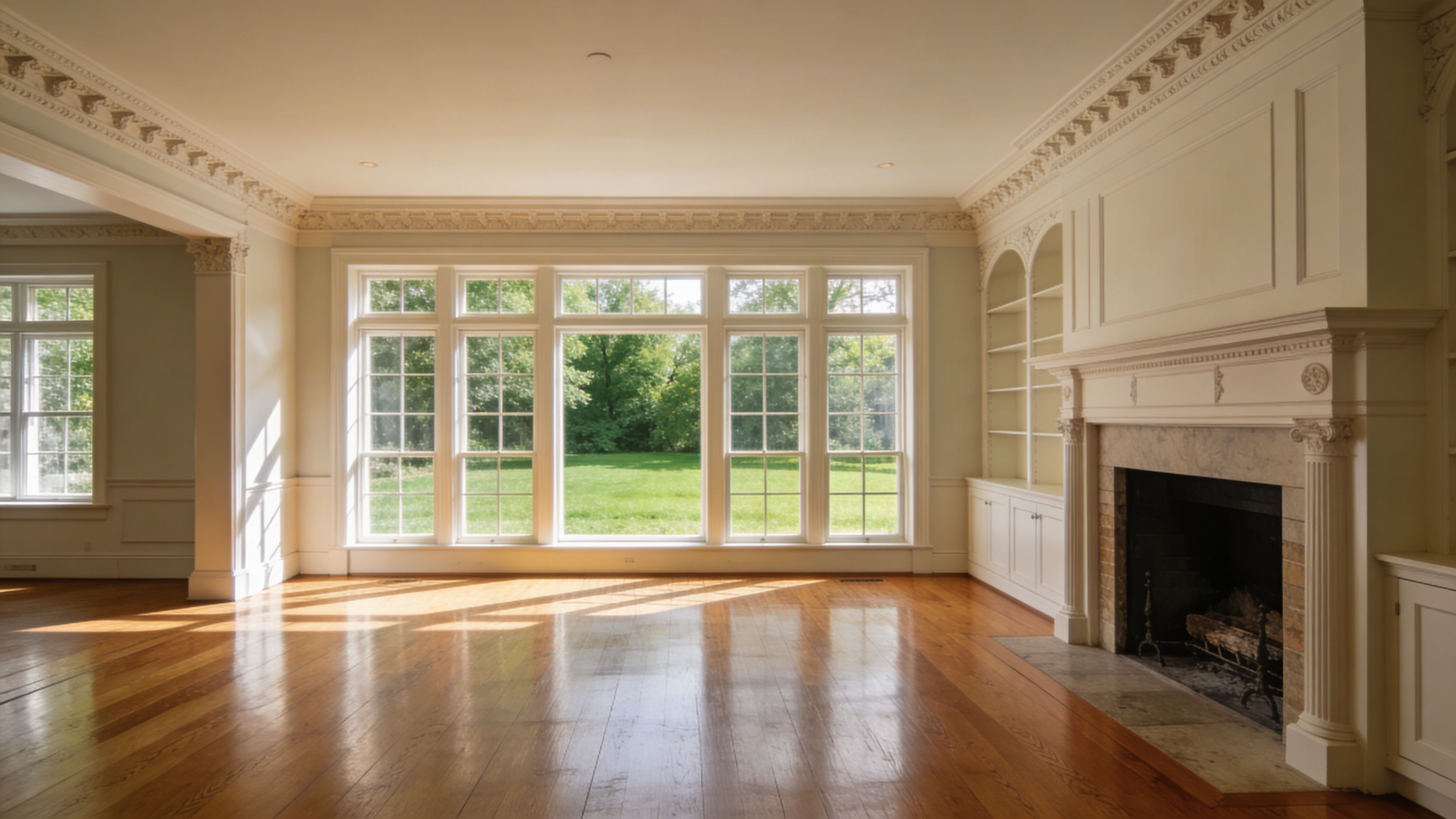 a bright, elegant living room featuring polished wooden floors, classic crown molding, built-in bookshelves, and large windows.