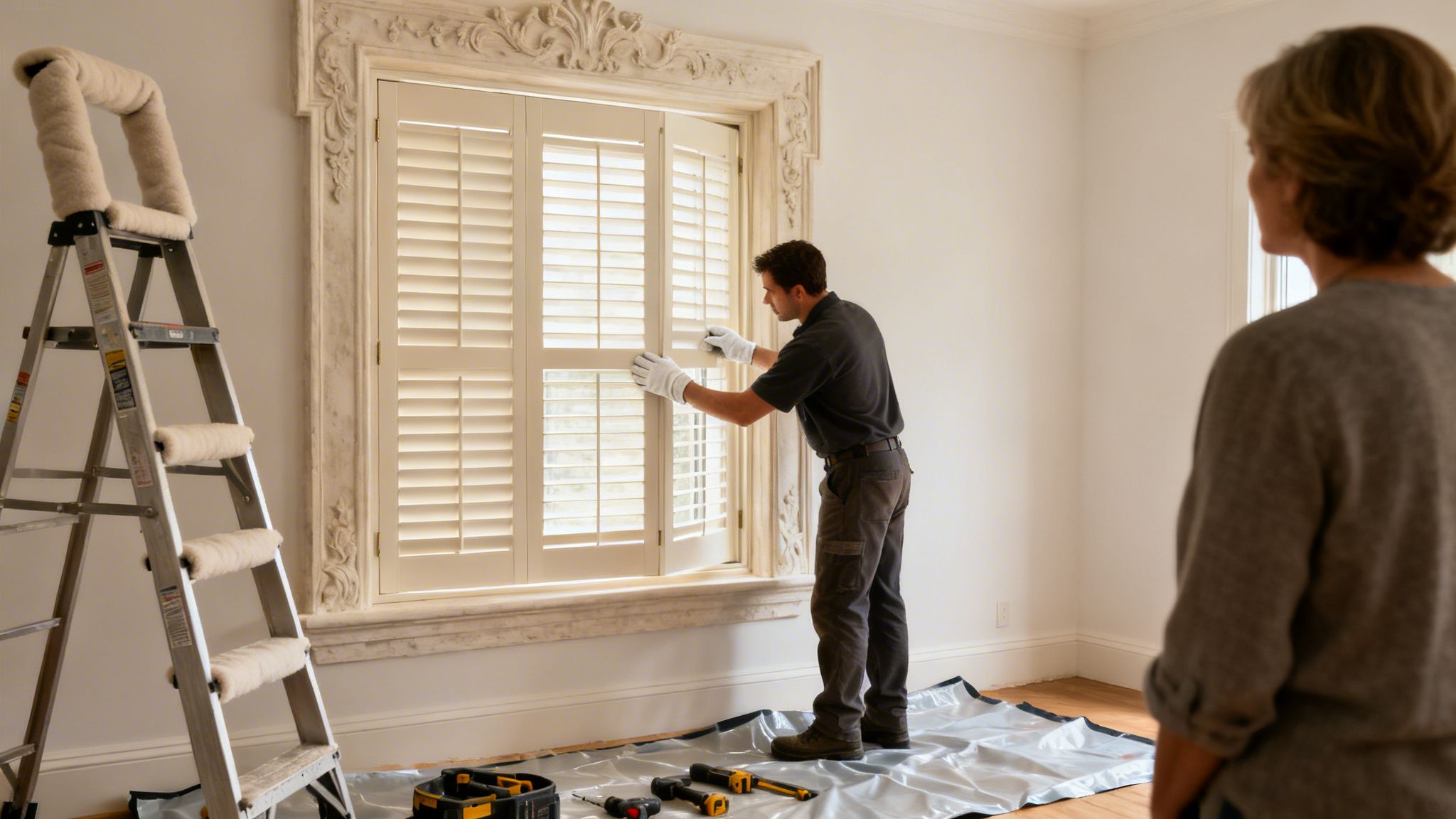 a man installs white plantation shutters in an ornate window frame while a woman watches.
