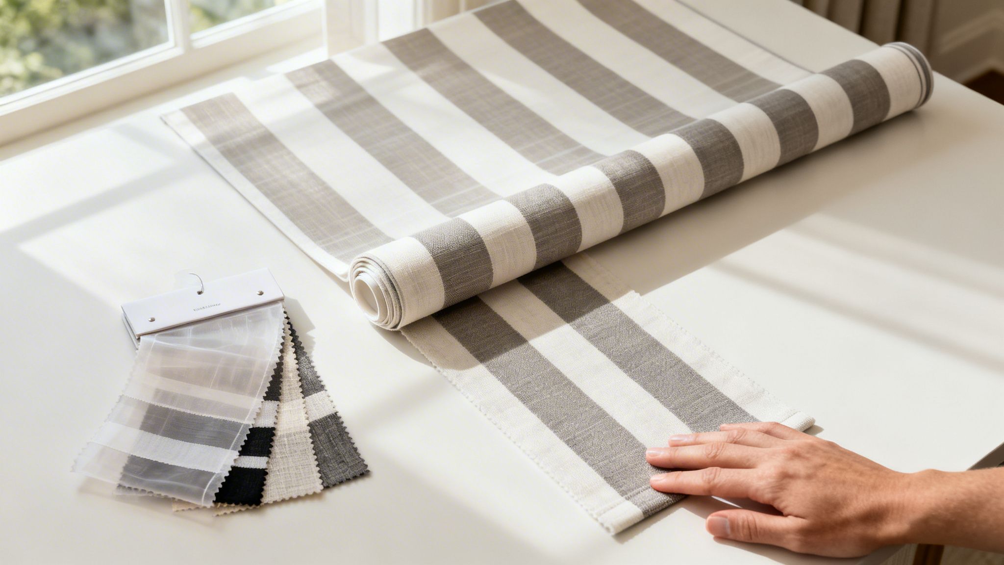 a hand touches a gray and white striped fabric roll next to a fan of textile swatches.