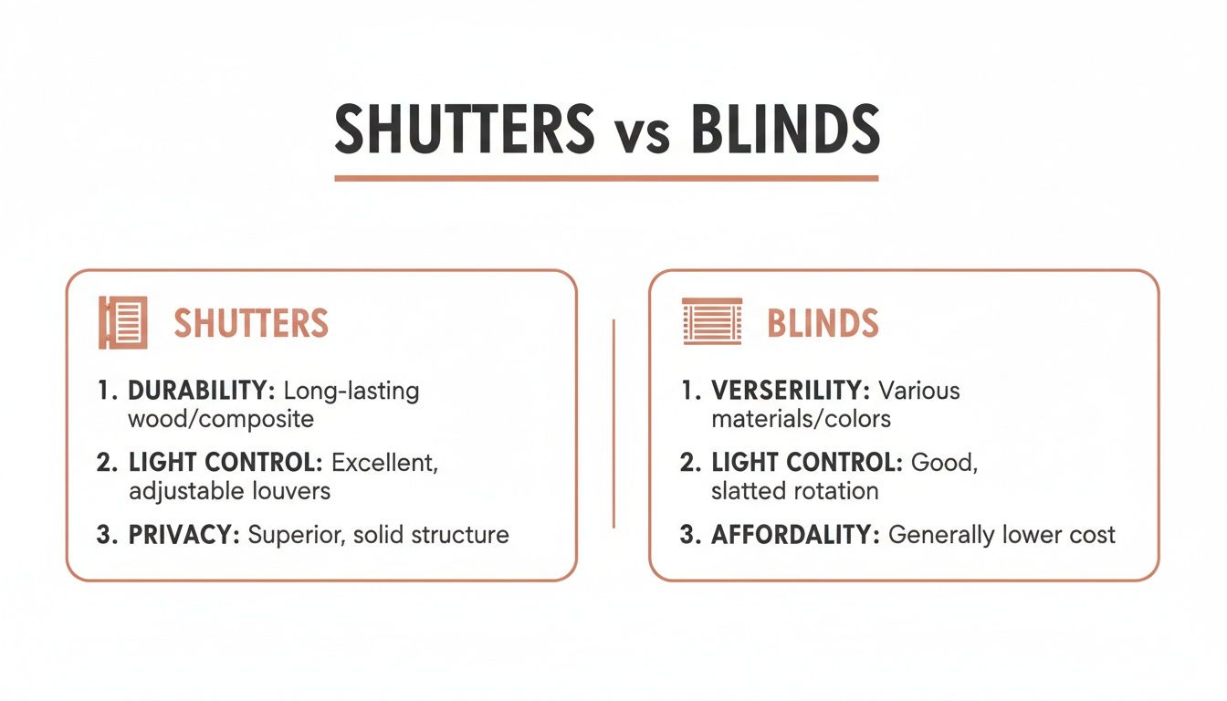 Westchester Window Fashions | Plantation Shutters vs. Blinds: A Westchester Homeowner’s Guide an infographic comparing shutters and blinds, detailing features like durability, light control, privacy, versatility, and cost.