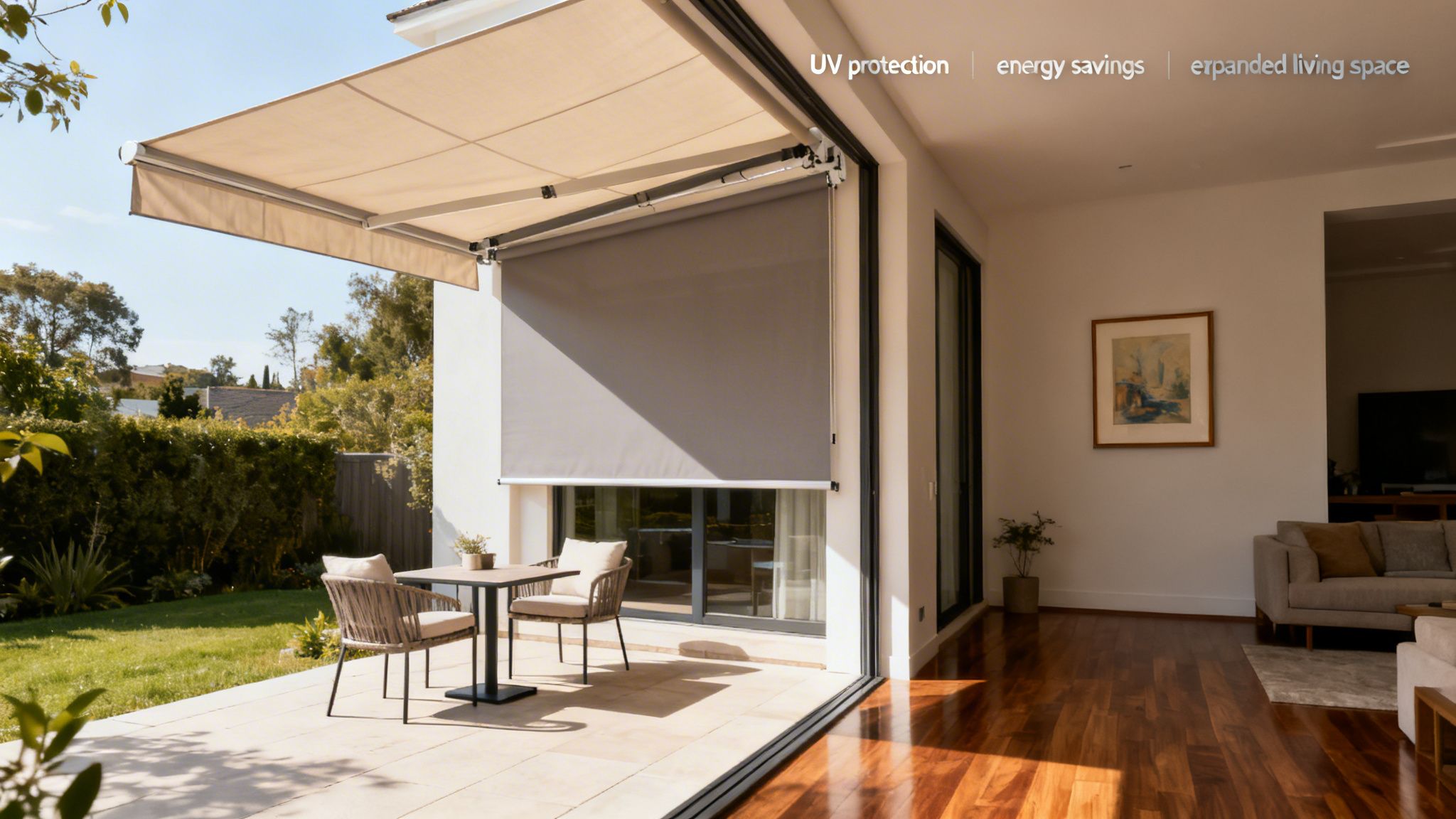 a modern patio features a beige retractable awning and a grey motorized exterior shade, enhancing outdoor living.
