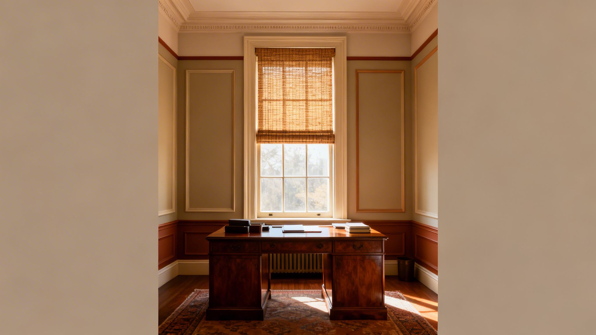 a sunlit traditional home office with a large window, bamboo blinds, a wooden desk, and an ornate rug.