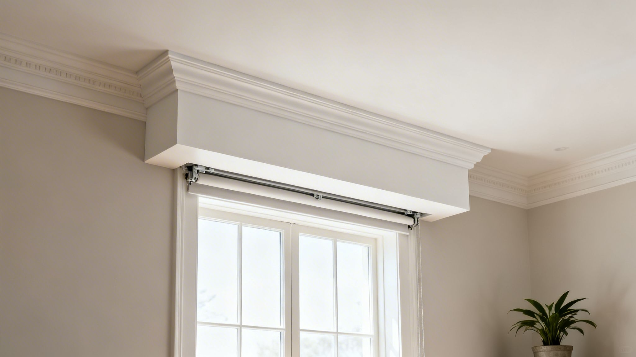 elegant white cornice and crown molding conceal a window roller shade in a bright room.