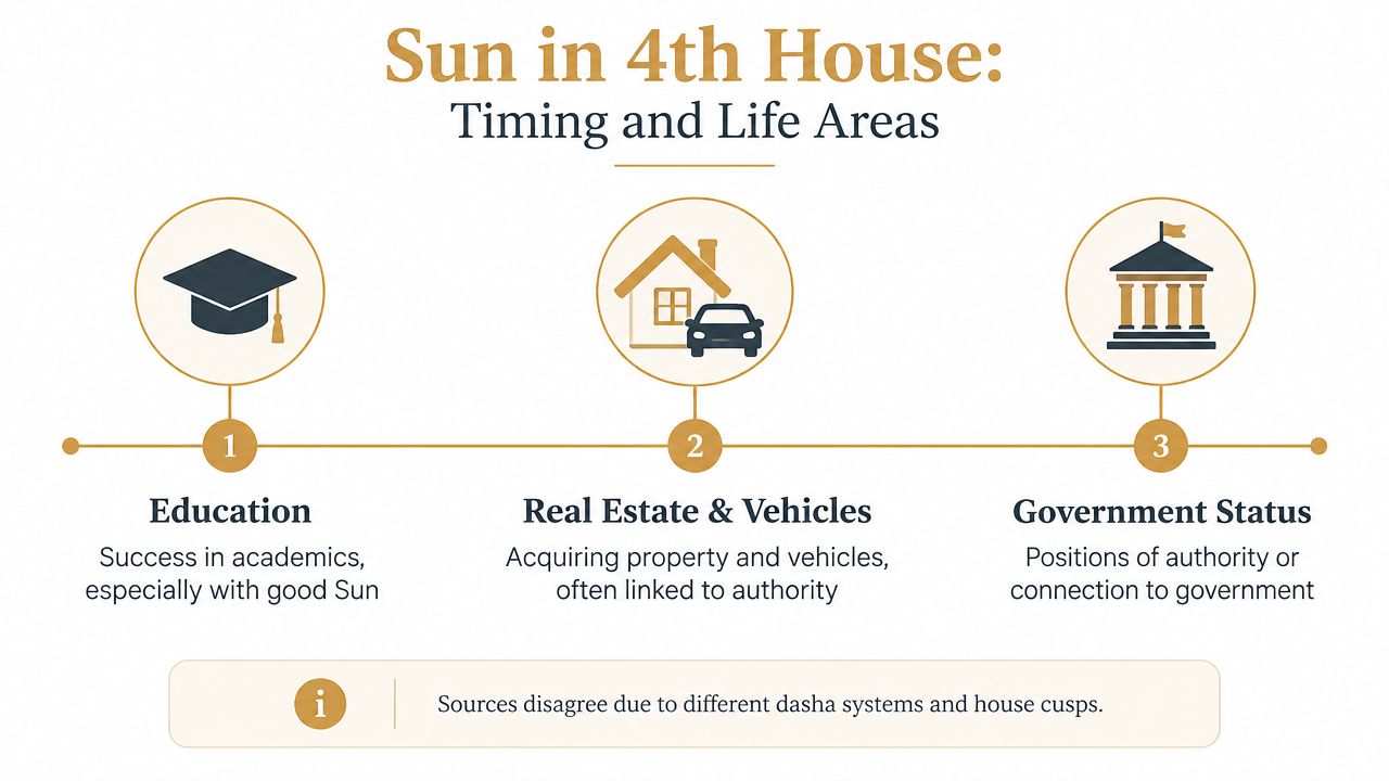 An infographic titled Sun in 4th House detailing impacts on education, property, and government status.