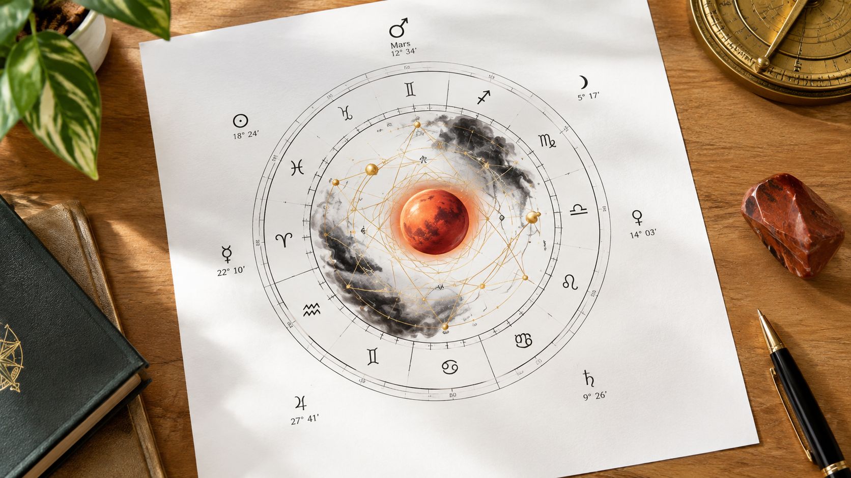 An artistic astrological chart on paper featuring a central red planet surrounded by symbols of zodiac signs.