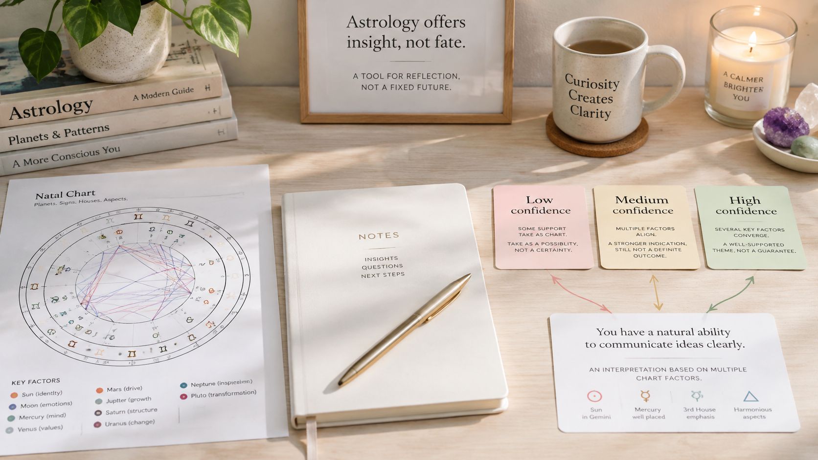 An aesthetic astrology desk setup featuring a printed natal chart, a notebook, and confidence interpretation cards.