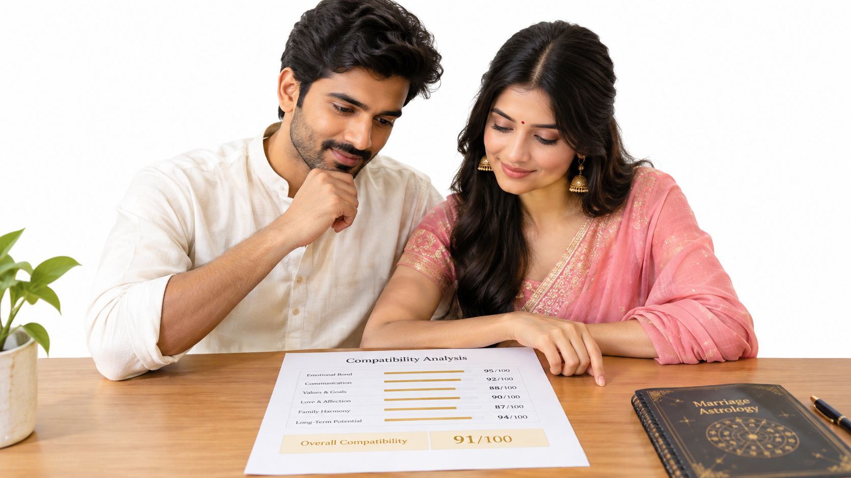 A young Indian couple reviewing a compatibility analysis report together at a table.