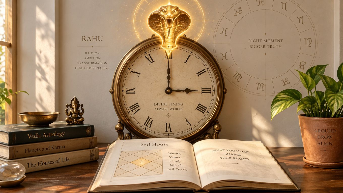 An artistic representation of Vedic astrology featuring a clock with a snake, books, and symbolic text.