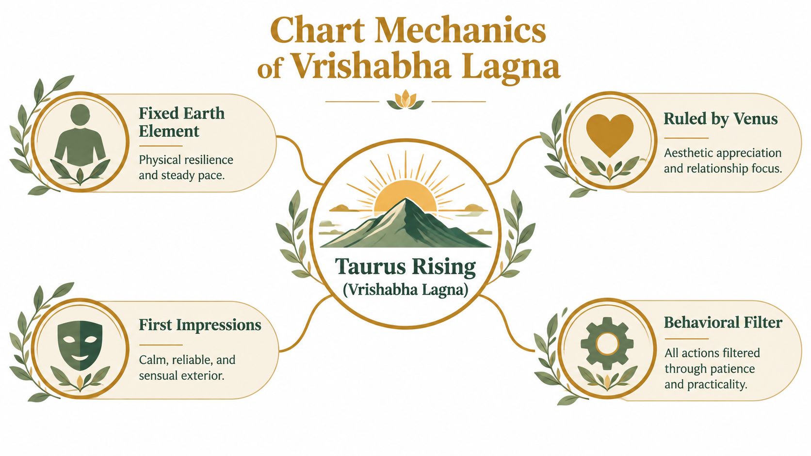 An infographic detailing the mechanics of Vrishabha Lagna, also known as Taurus Rising, covering its core traits.
