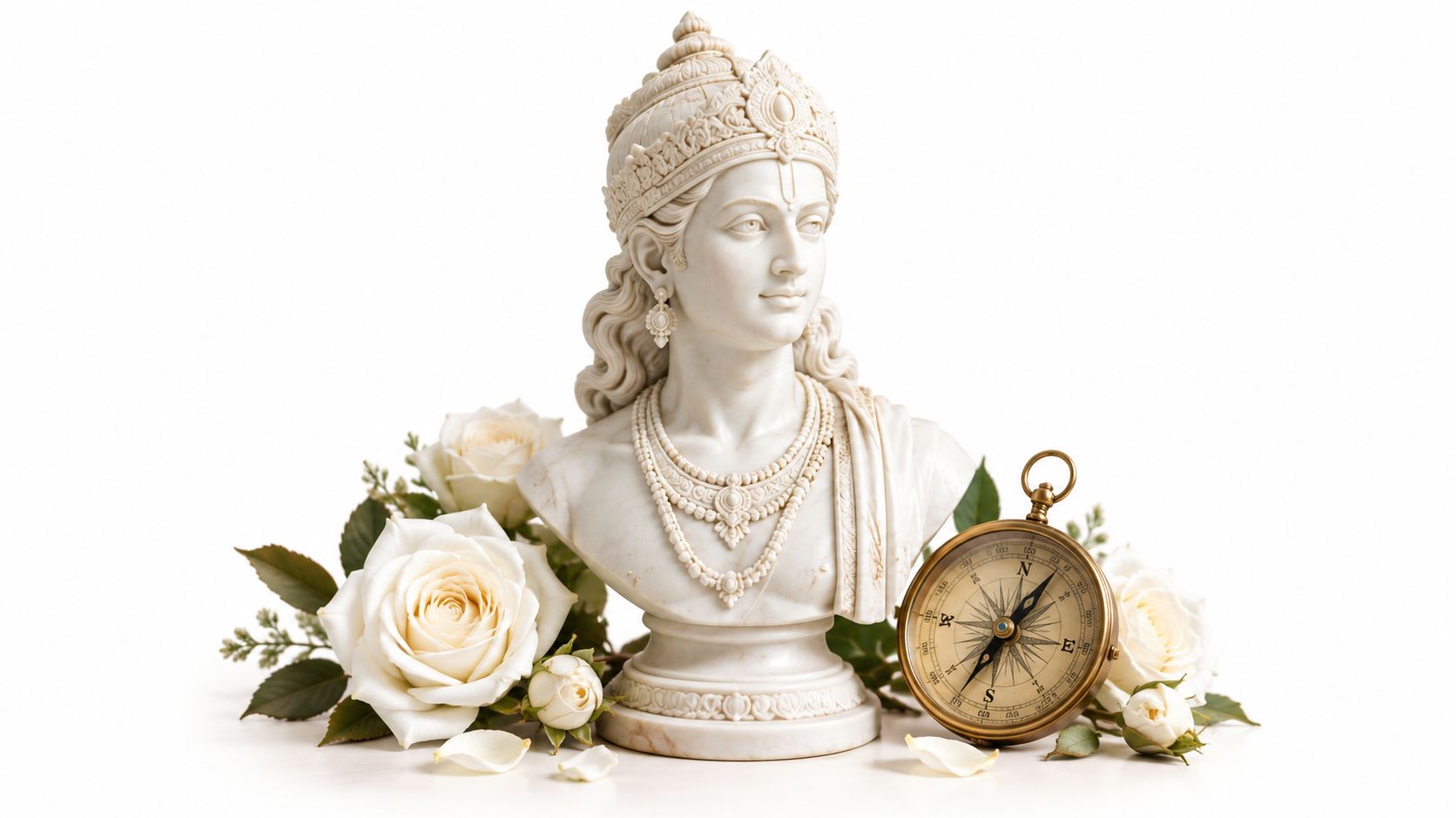 An elegant marble statue of Lord Krishna decorated with white roses and a vintage golden compass.