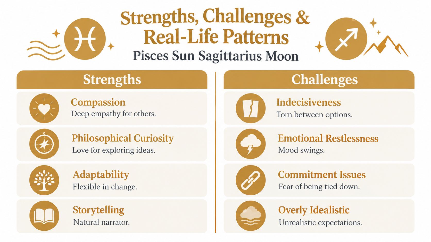 A chart detailing the strengths and challenges of a Pisces Sun Sagittarius Moon zodiac combination.