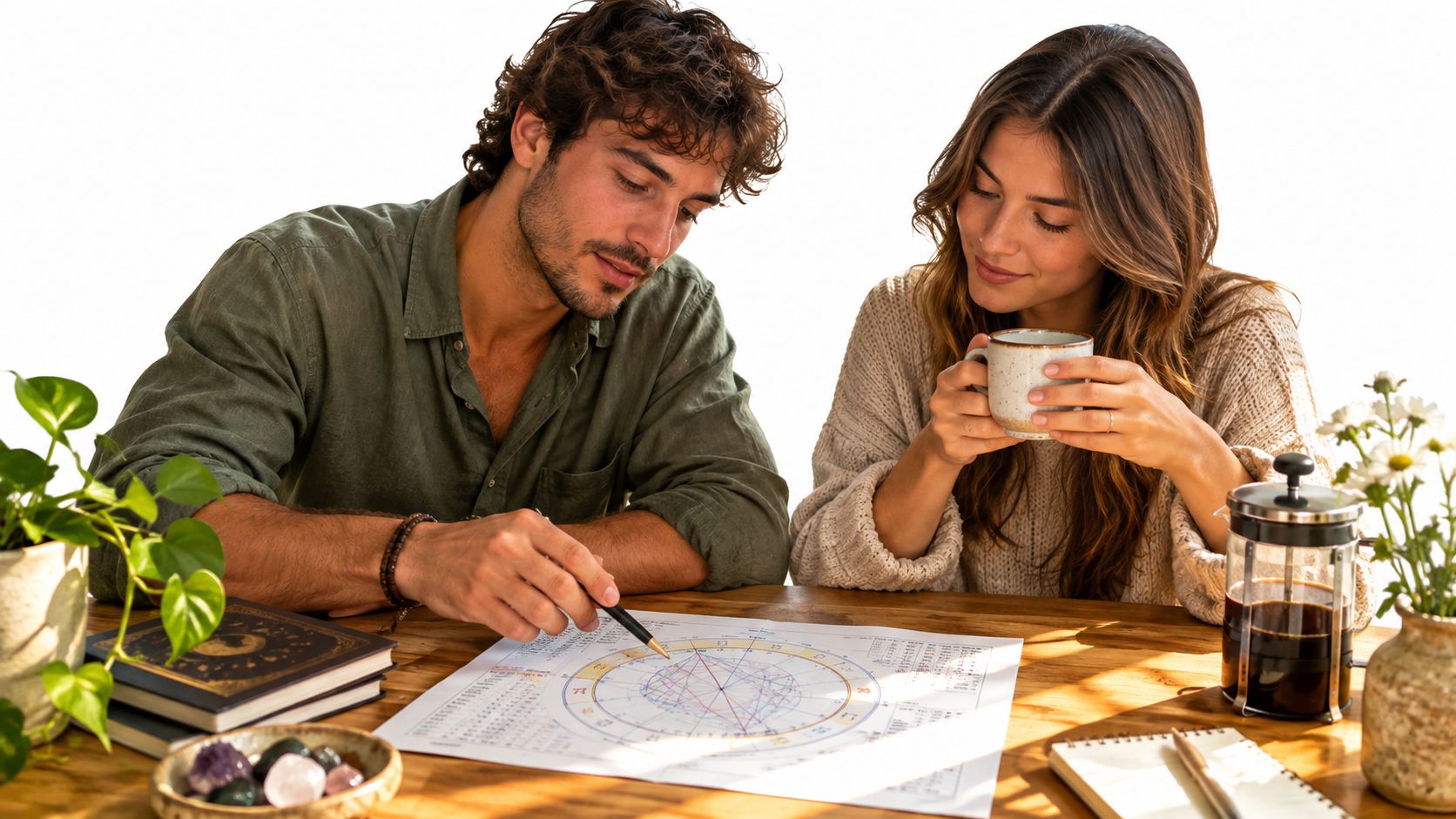 A young couple sits at a wooden table discussing an astrological birth chart together indoors.