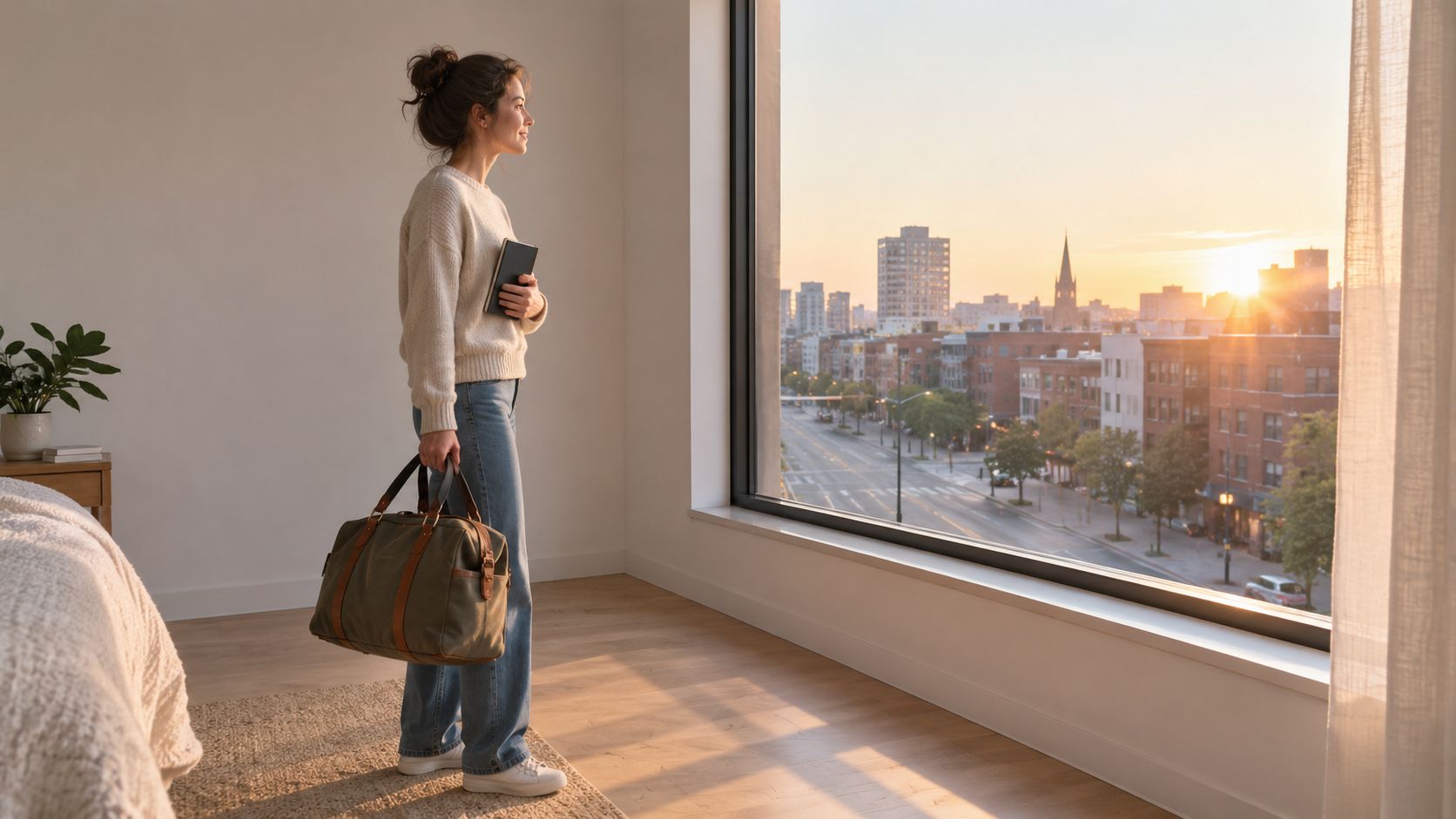 A woman holding a bag and a book looking out of a large apartment window at sunrise.