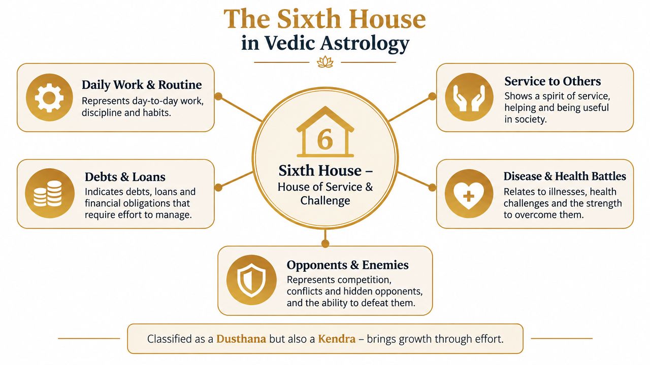 A diagram illustrating the significations of the Sixth House in Vedic astrology, including work, health, and enemies.