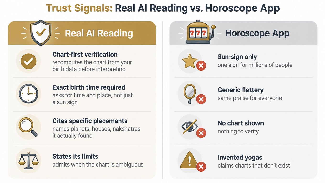 A comparison chart outlining trust signals between real AI astrology readings and generic horoscope apps.