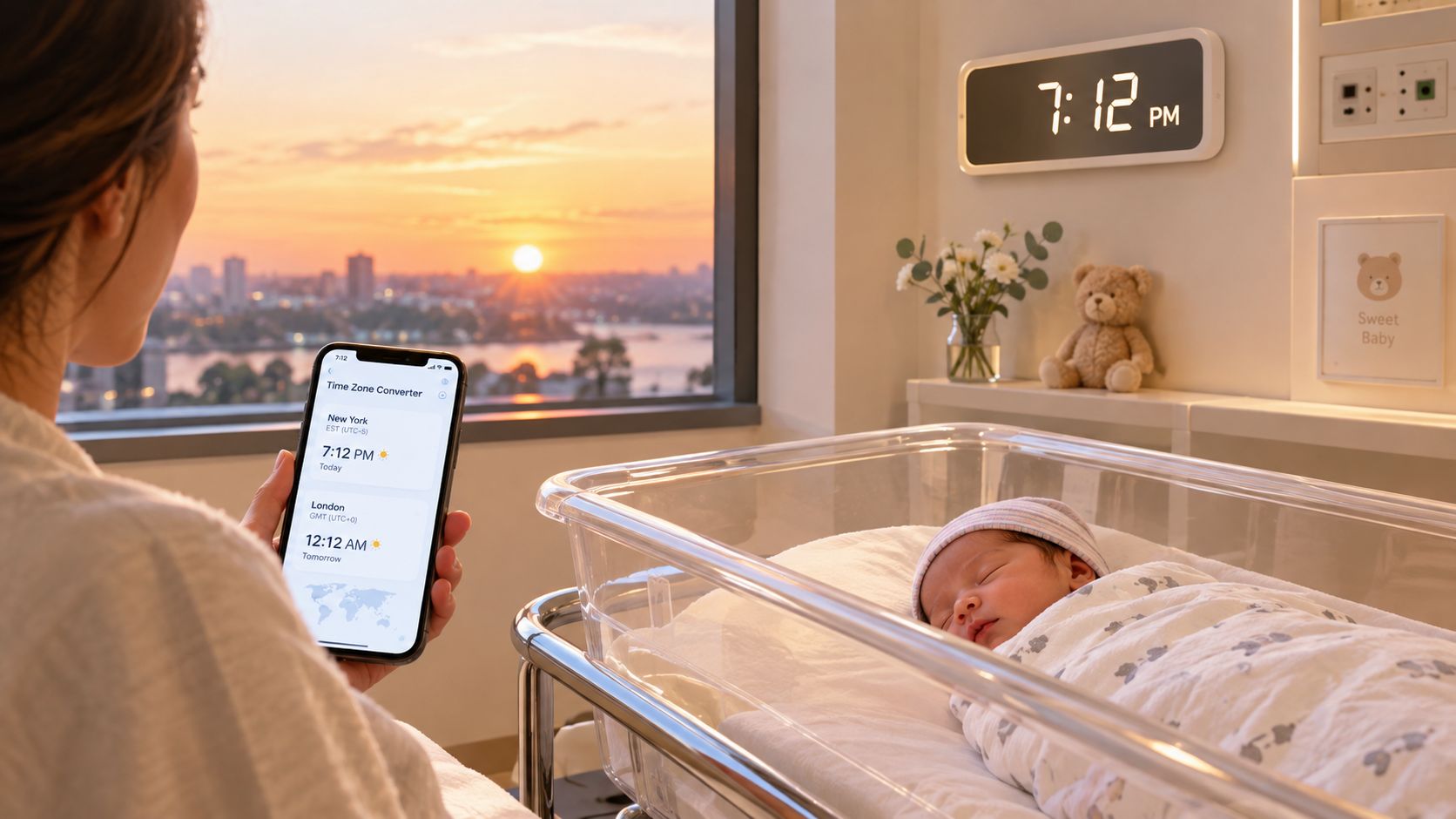A mother looks at her newborn baby in a hospital crib while checking a time zone app.