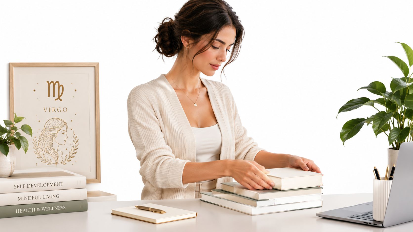 A woman in a cream-colored cardigan working at a desk next to Virgo zodiac art and books.