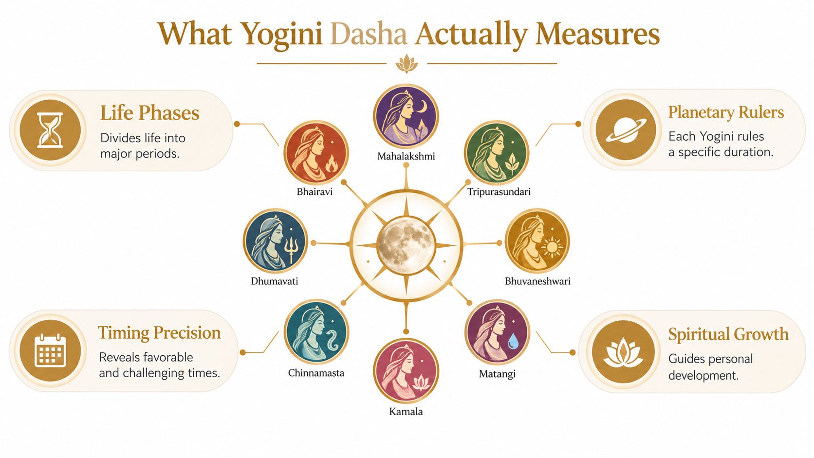 A diagram explaining the Yogini Dasha system with eight divine feminine figures surrounding a central moon icon.