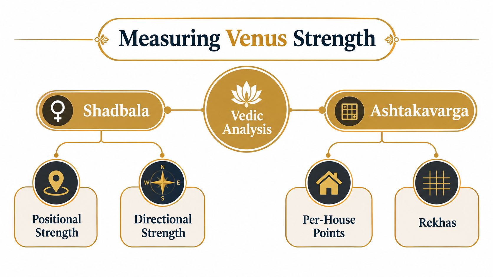 A diagram outlining the methods for measuring Venus strength in Vedic astrology through Shadbala and Ashtakavarga analysis.