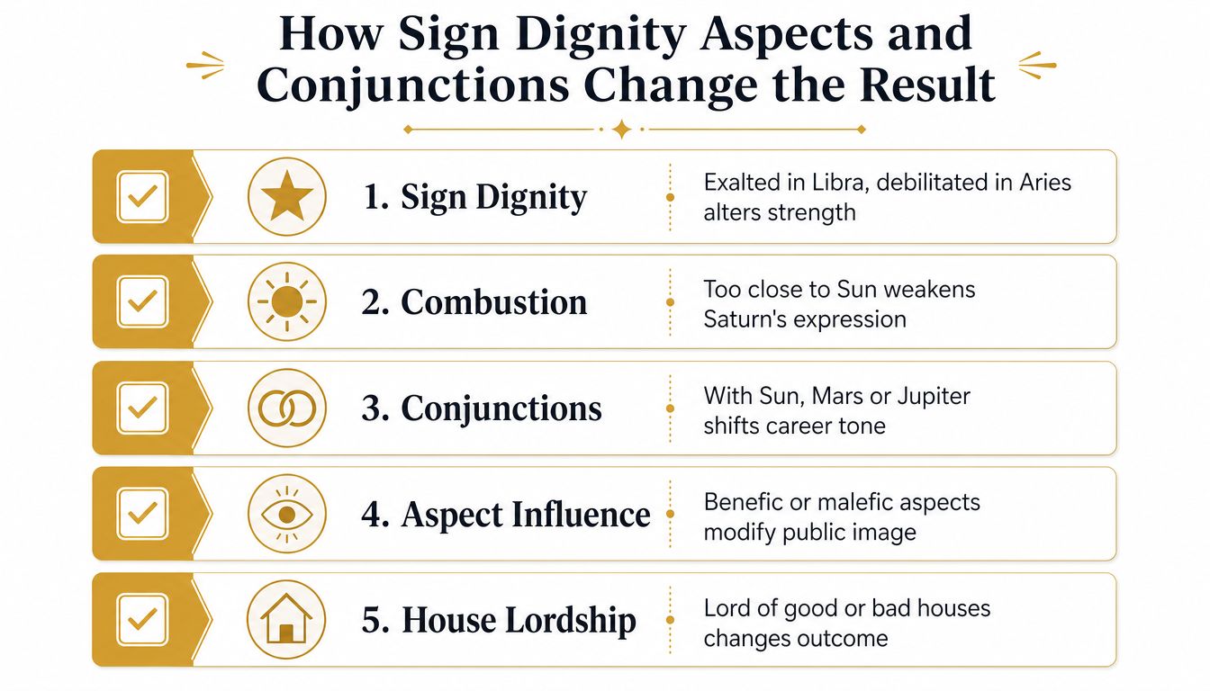 A chart explaining how sign dignity, combustion, conjunctions, aspects, and house lordship influence 10th house Saturn results.