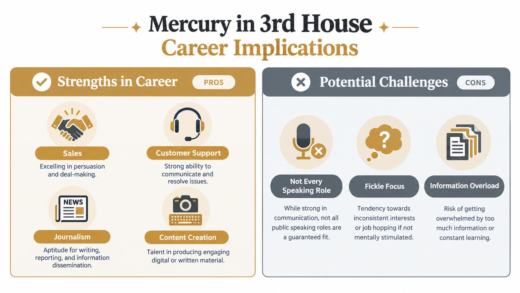 A career implications infographic for Mercury in the 3rd house showing pros and cons for communication-based jobs.