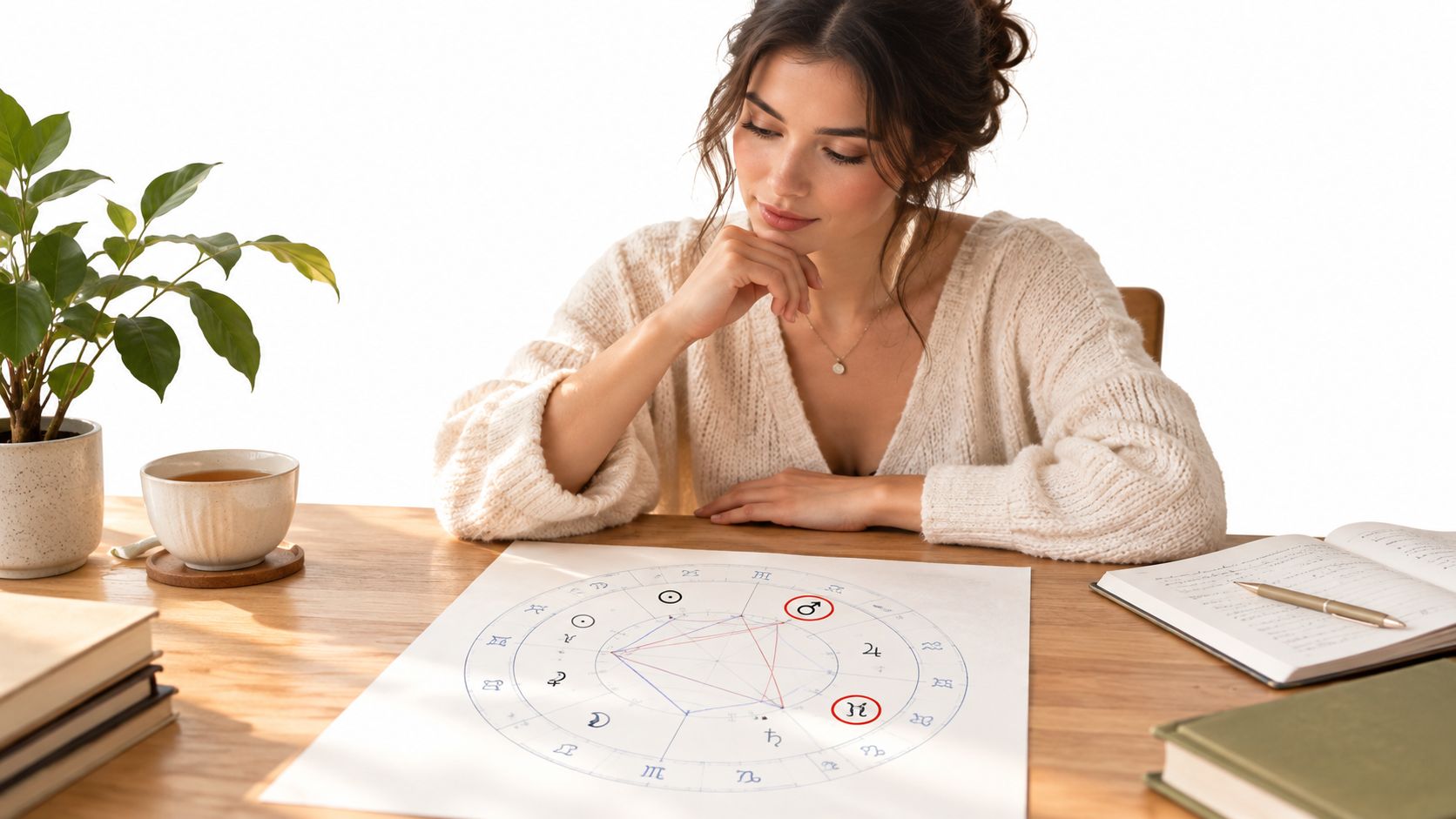 A woman studying an astrological birth chart focusing on a Ketu conjunct Mars planetary aspect.