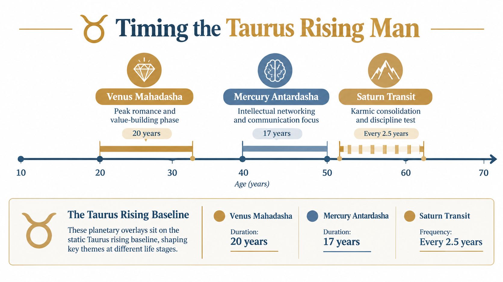 An infographic diagram outlining the life stages and astrological influences for a Taurus rising man.
