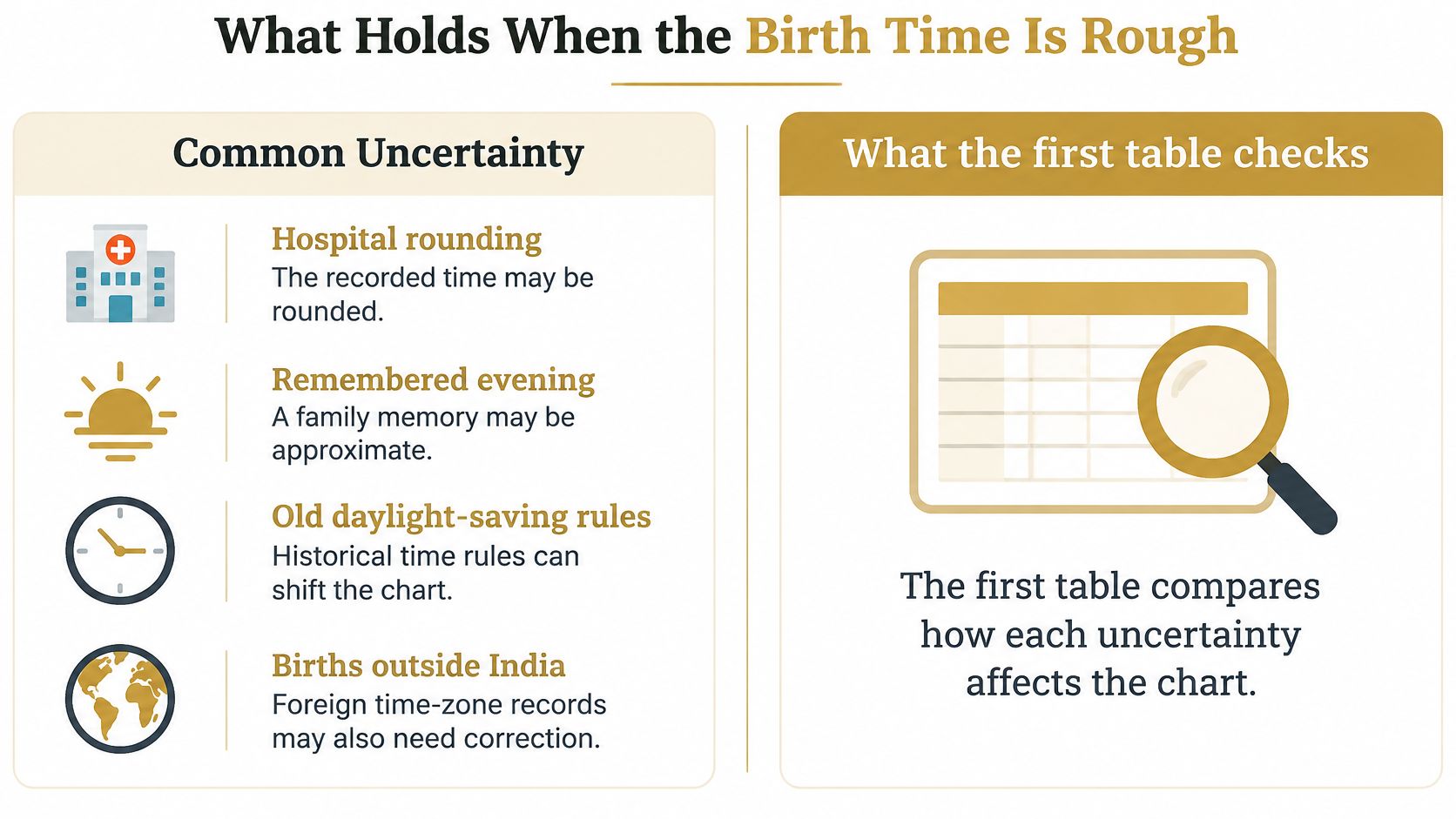 An infographic showing common causes of birth time uncertainty in astrological charts and how they affect data.