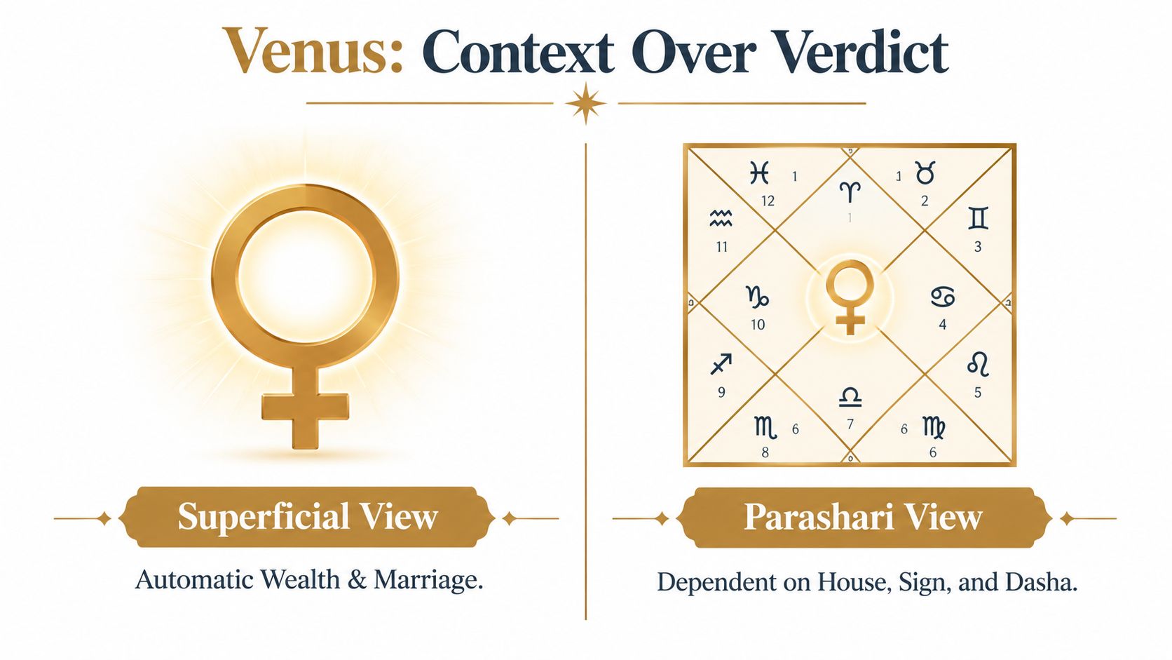 A diagram contrasting the superficial view of Venus with the complex Parashari view in Vedic astrology.