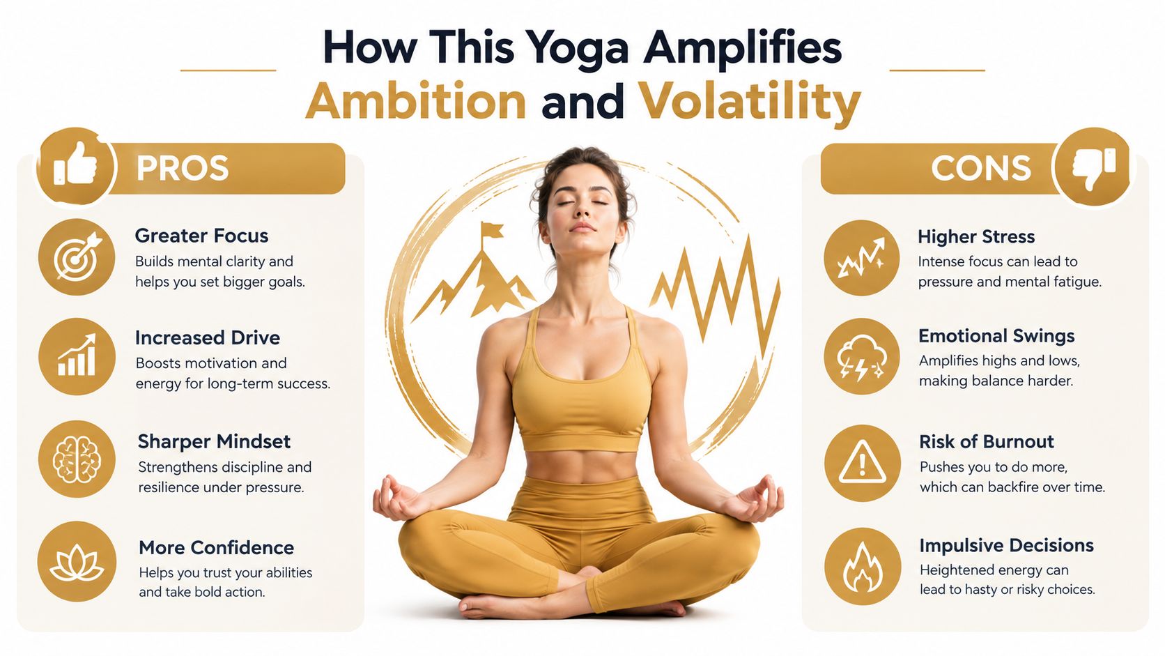 A woman practicing yoga with an infographic highlighting the positive and negative effects of ambition and volatility.