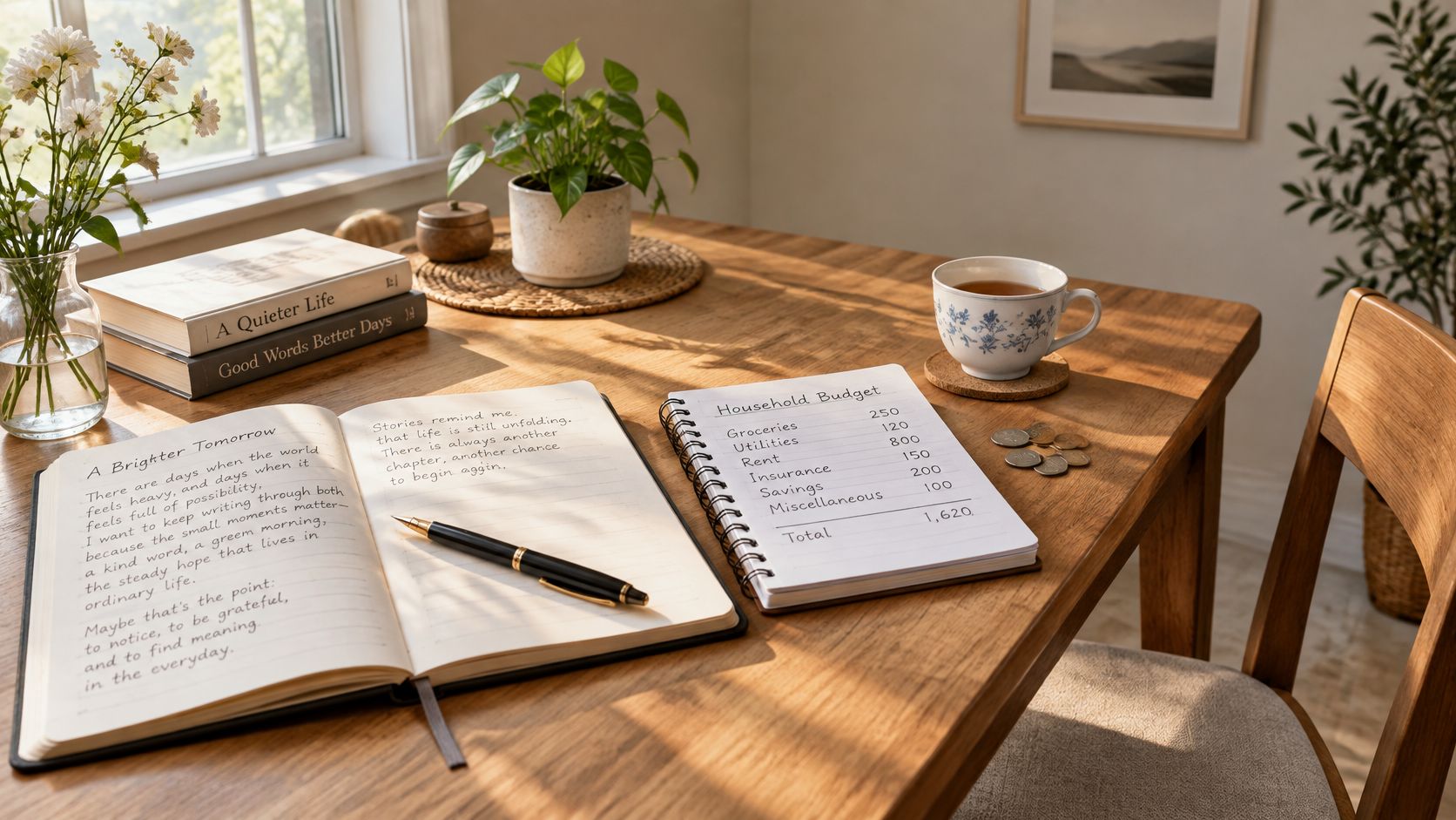 A cozy wooden table featuring a journal, budget planner, a cup of tea, and indoor plants.