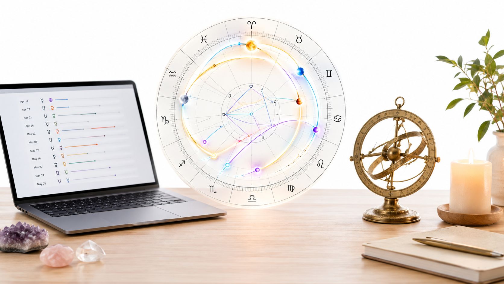 A modern desk with a laptop displaying astrological data next to a glowing zodiac wheel and crystals.