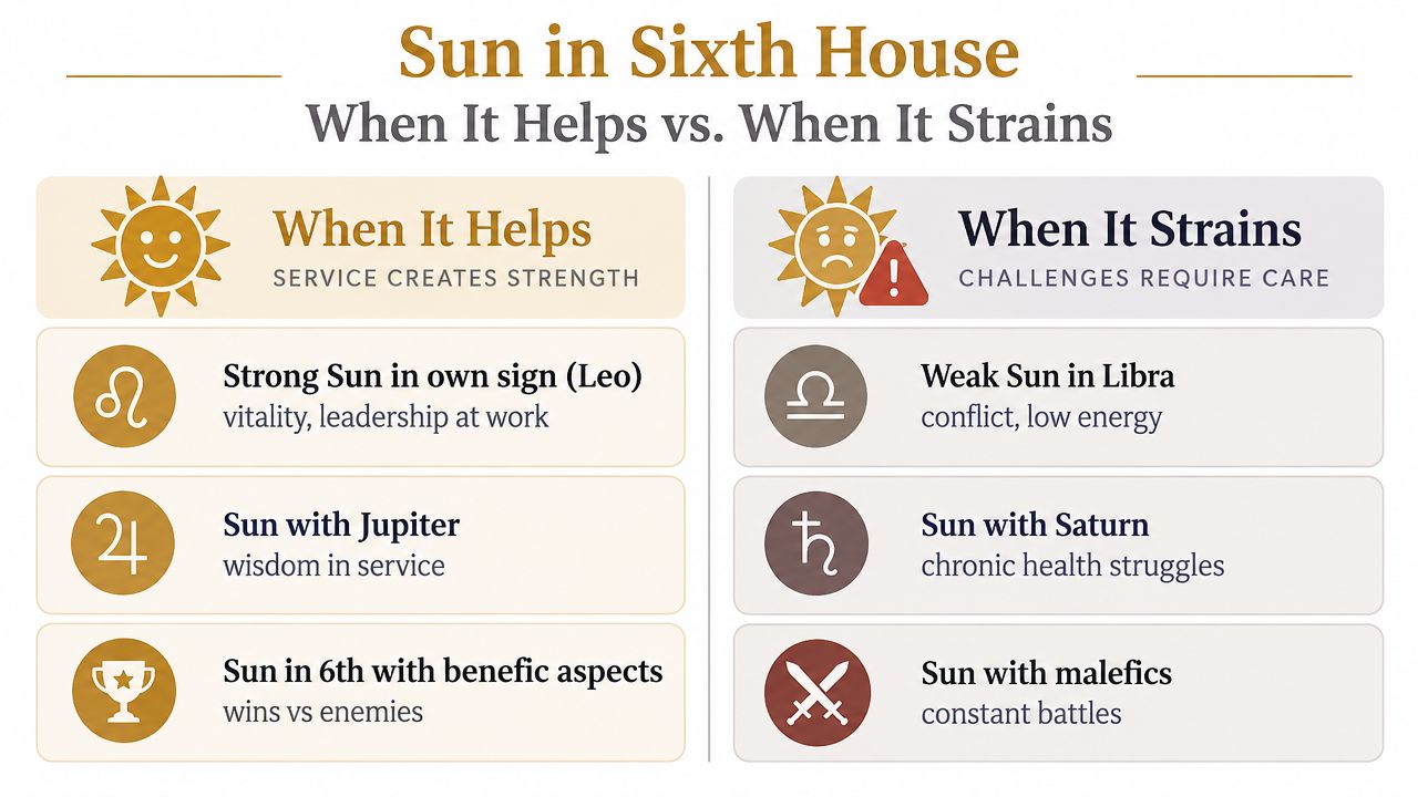 A graphic infographic explaining how the Sun in the sixth house manifests as helpful or straining influences.
