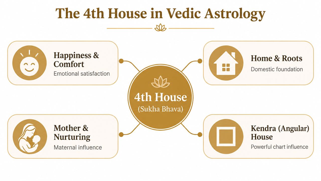 An infographic detailing the significance of the 4th House in Vedic Astrology, highlighting happiness, roots, and nurturing.