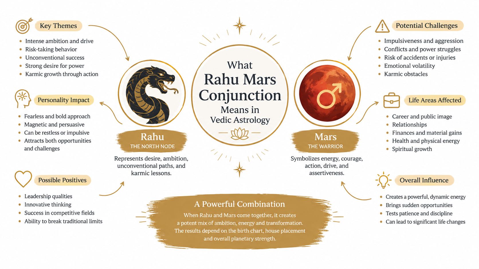 An infographic explaining the spiritual and astrological significance of the Rahu and Mars conjunction in Vedic astrology.