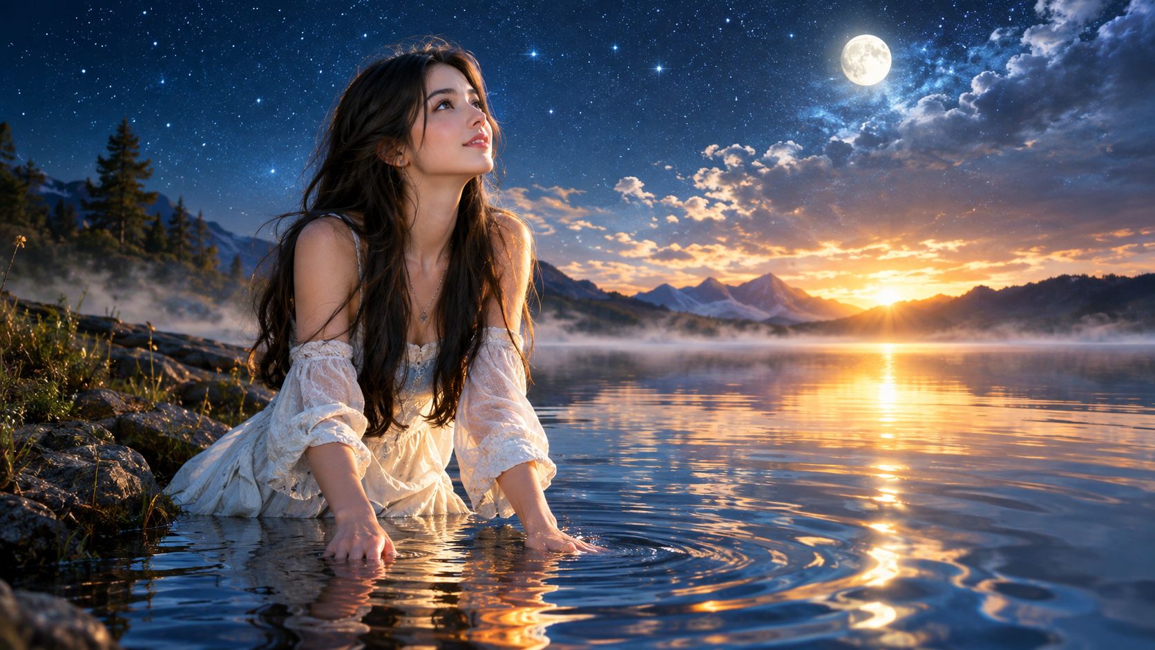 A beautiful young woman in a lace dress sitting in a serene lake during sunset.