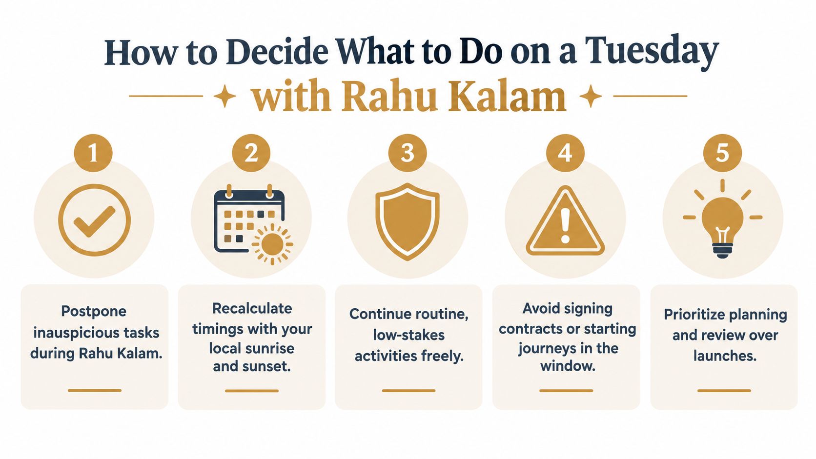 An infographic titled How to Decide What to Do on a Tuesday with Rahu Kalam offering five tips.
