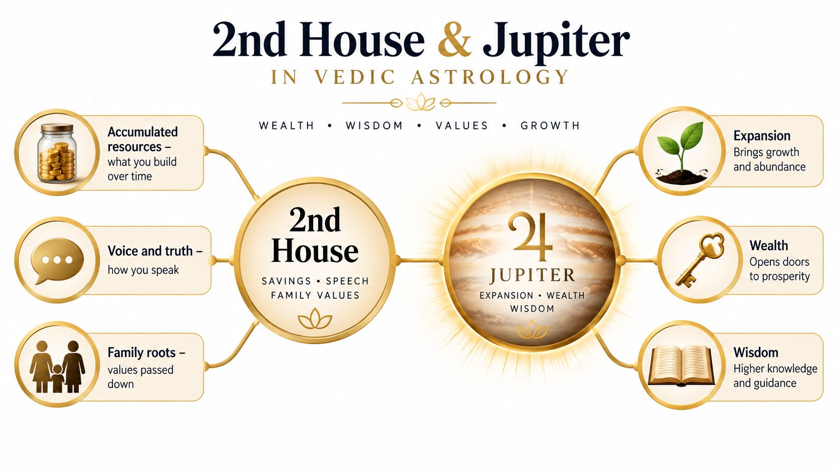 An infographic showing the astrological connection between the 2nd House and Jupiter in Vedic astrology.