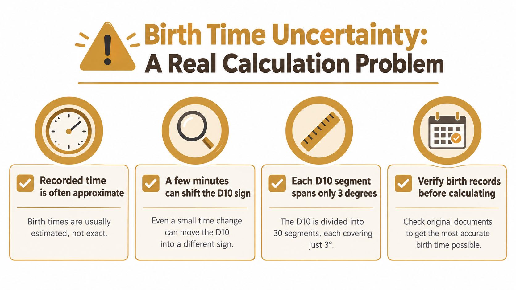 An infographic titled Birth Time Uncertainty highlighting issues with inaccurate birth times for D10 chart calculations.