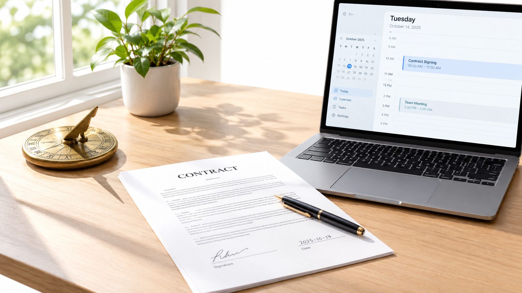 A wooden office desk featuring a laptop displaying a calendar, a contract document, and a brass sundial.