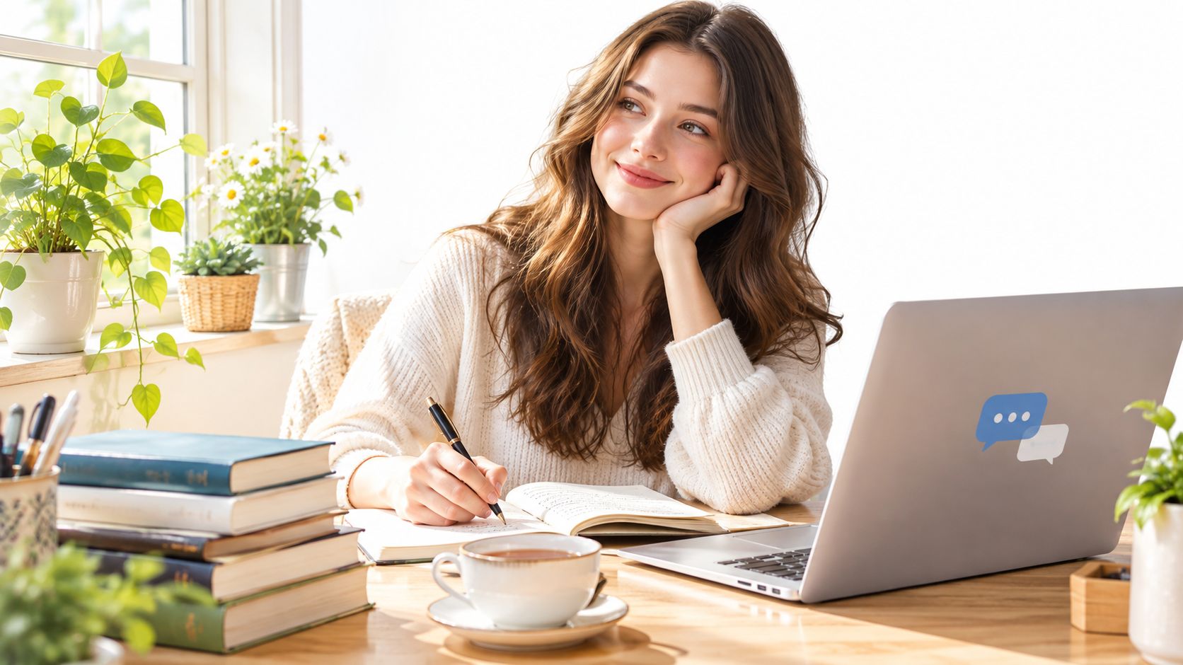 A woman with wavy brown hair smiles while writing in a notebook near a laptop at home.