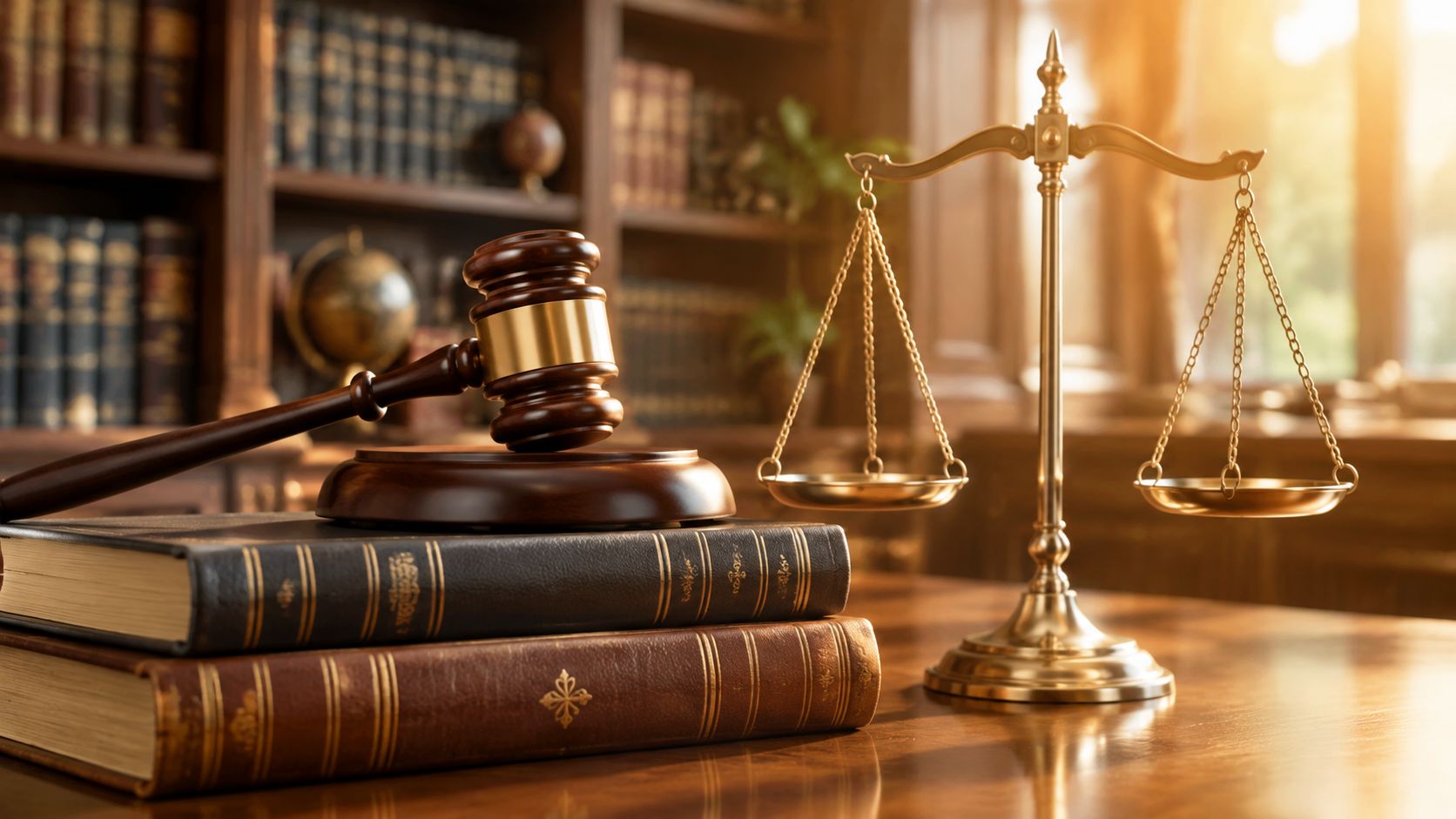 A wooden judge's gavel resting on stacked law books next to a golden scale of justice.