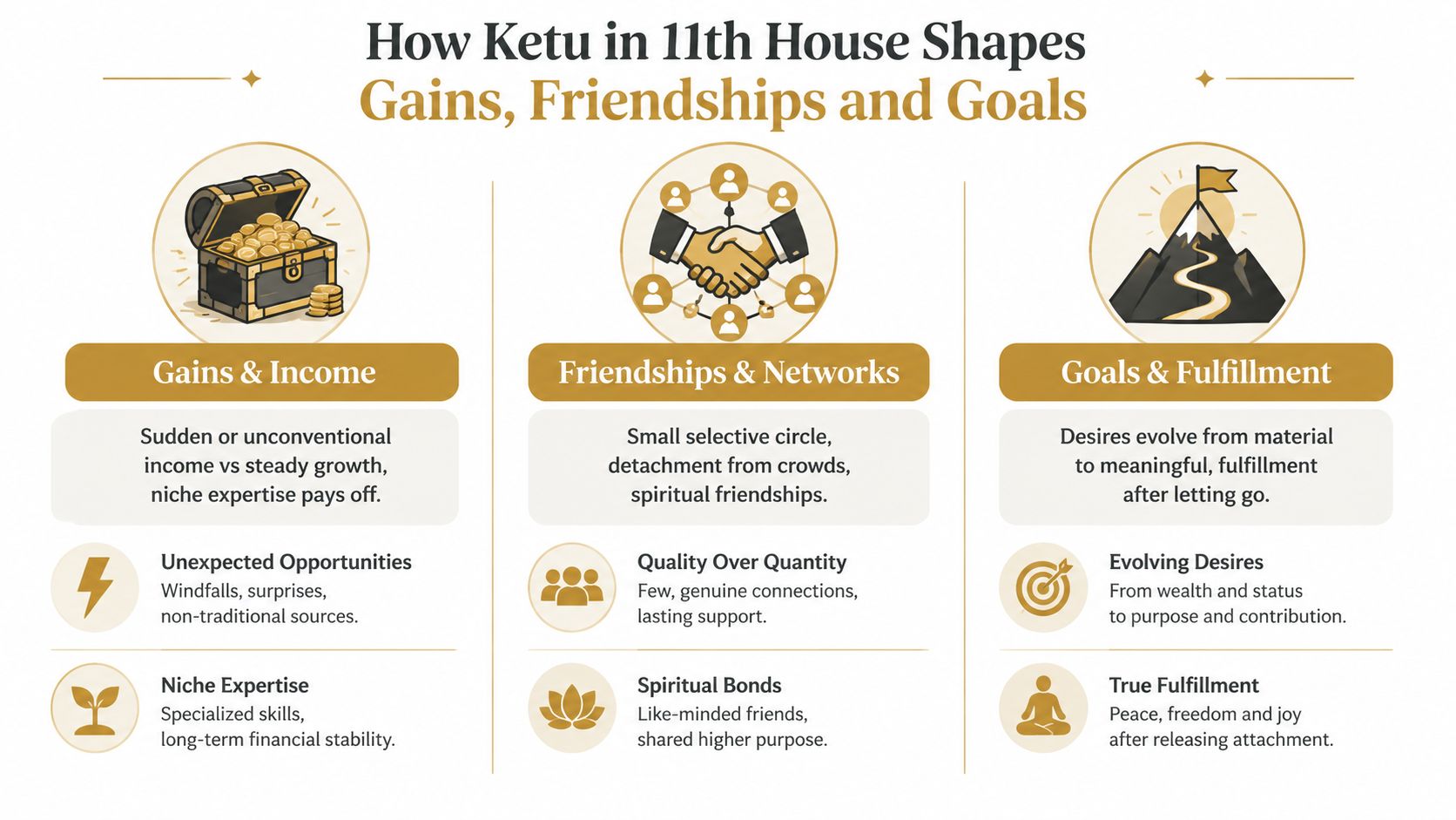 An infographic explaining how Ketu in the 11th house influences personal gains, friendships, and life goals.