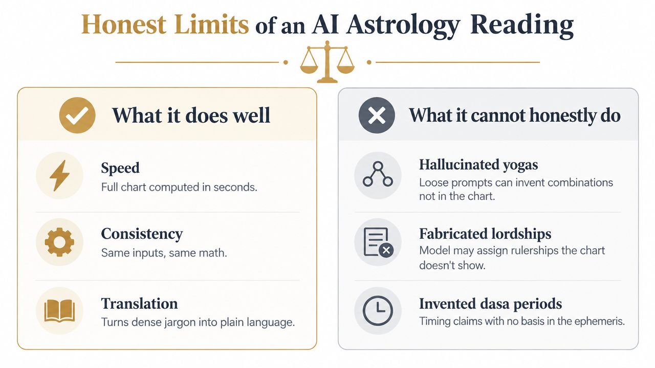 An infographic comparing the strengths and limitations of using AI for astrological chart readings and analysis.