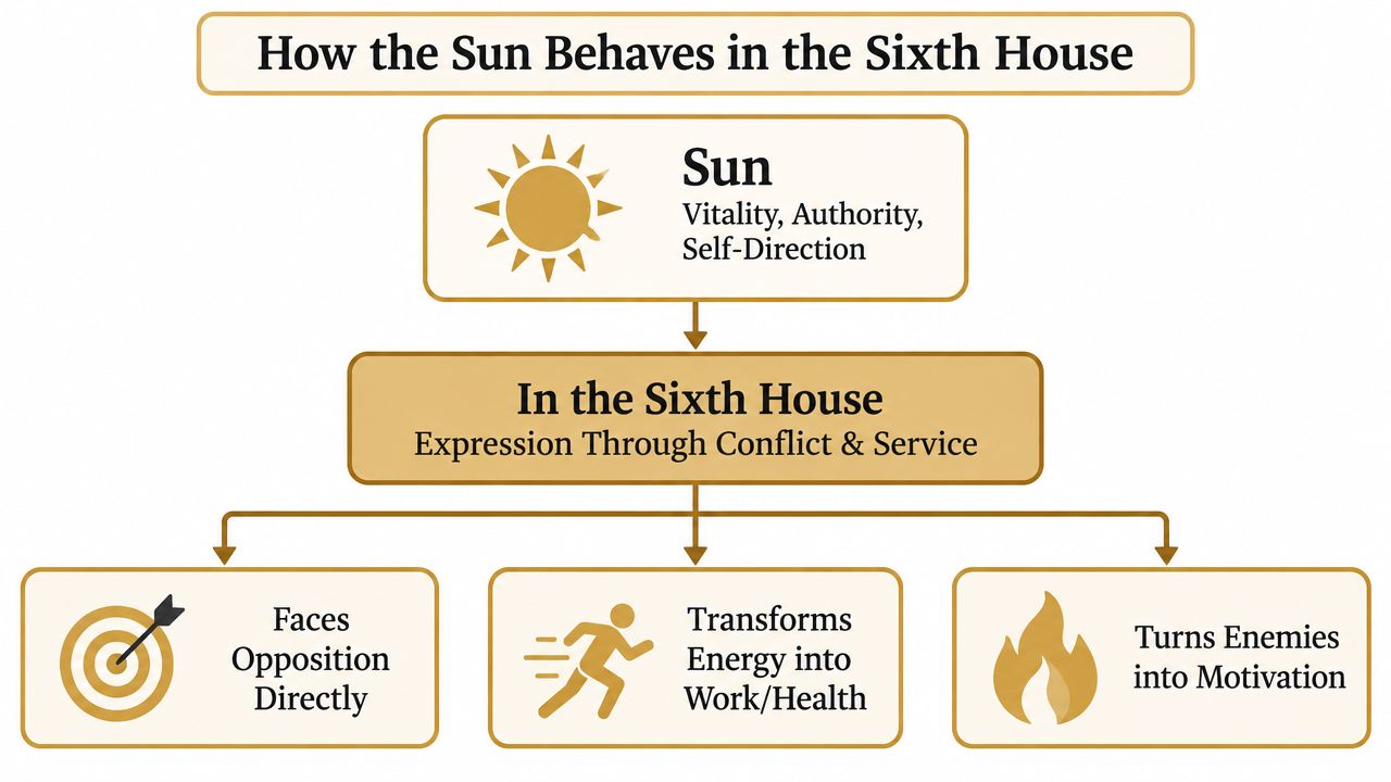 A flow chart titled How the Sun Behaves in the Sixth House illustrating astrological characteristics and themes.
