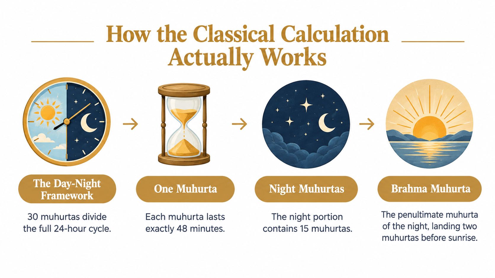 A diagram explaining the classical calculation of Brahma Muhurta based on a 30-muhurta 24-hour cycle.