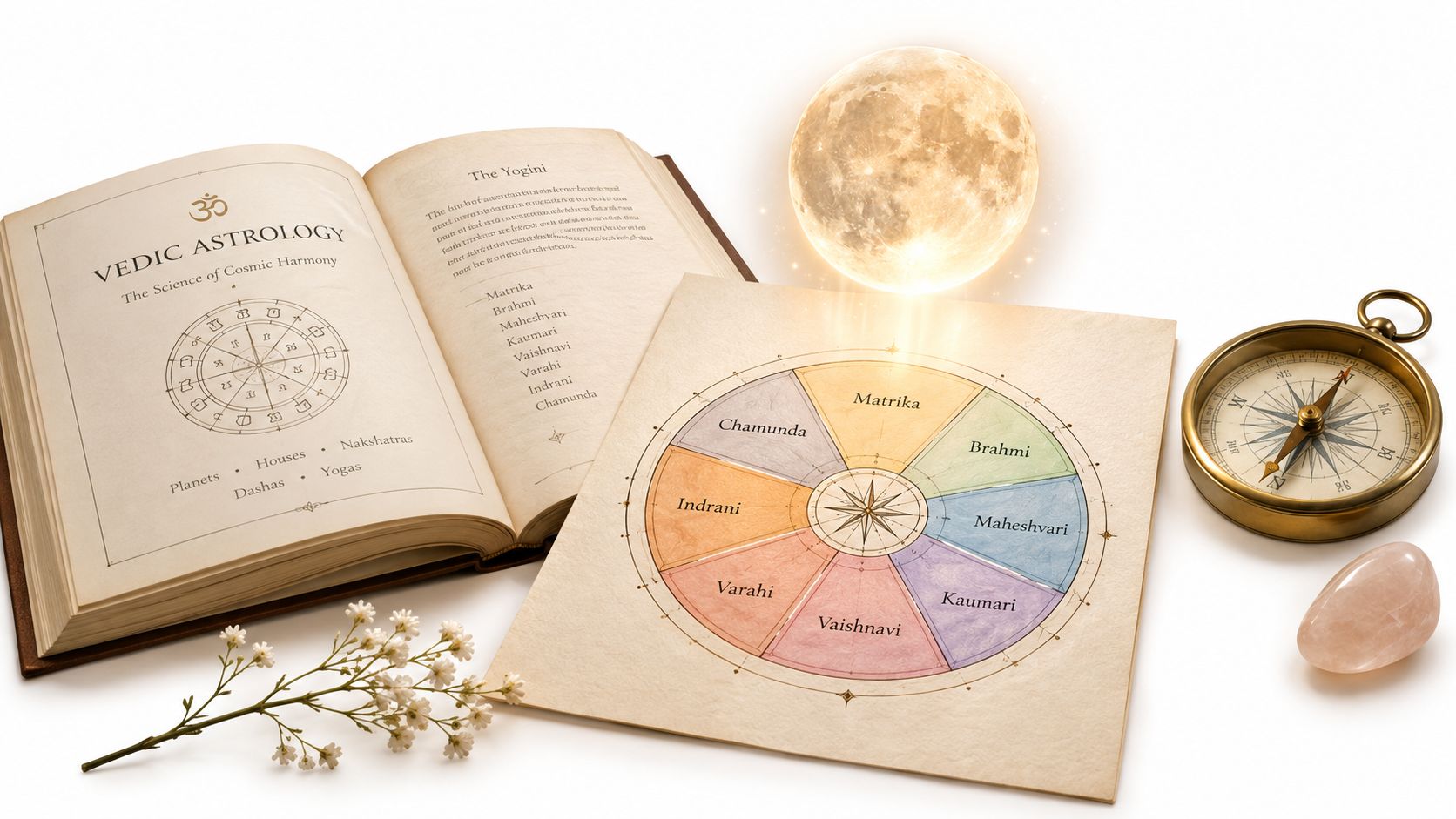 A mystical scene featuring a Vedic Astrology book, a colored wheel of the seven Matrikas, and a moon.