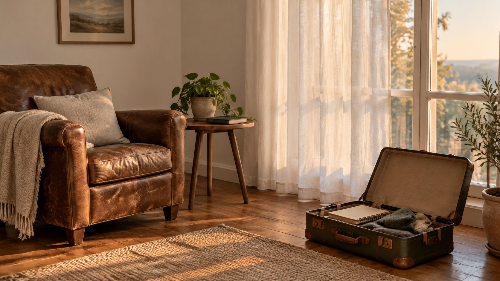 A cozy, sunlit room featuring a leather armchair, a small side table, and an open vintage travel suitcase.