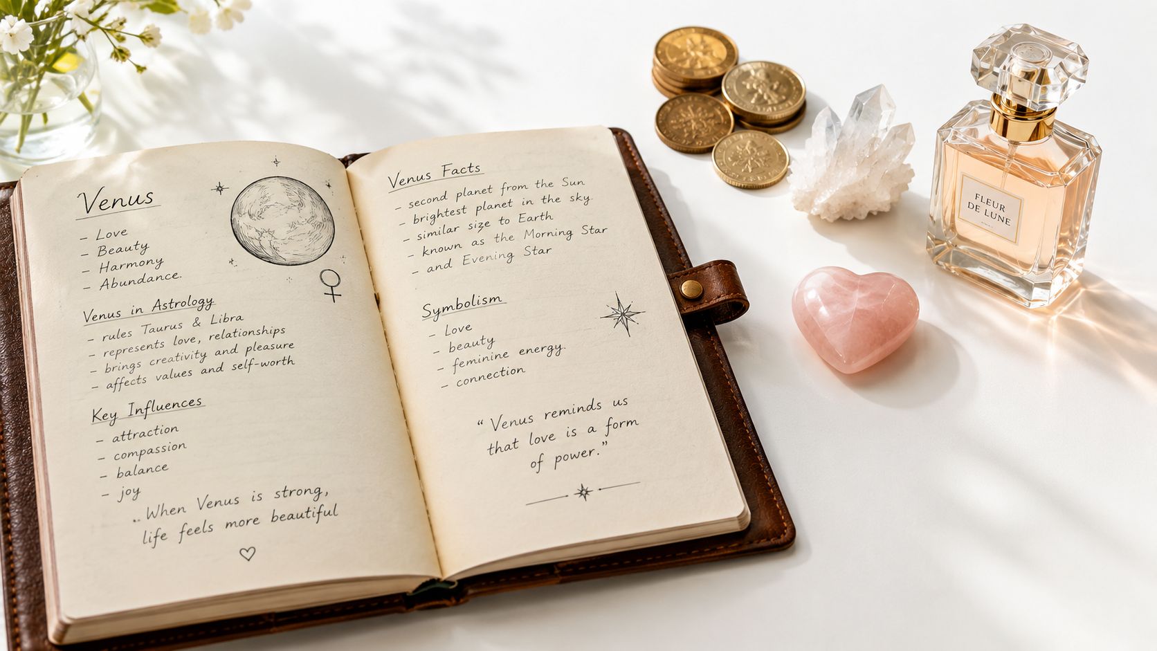 An open journal describing Venus, surrounded by gold coins, a crystal, and a perfume bottle on white.