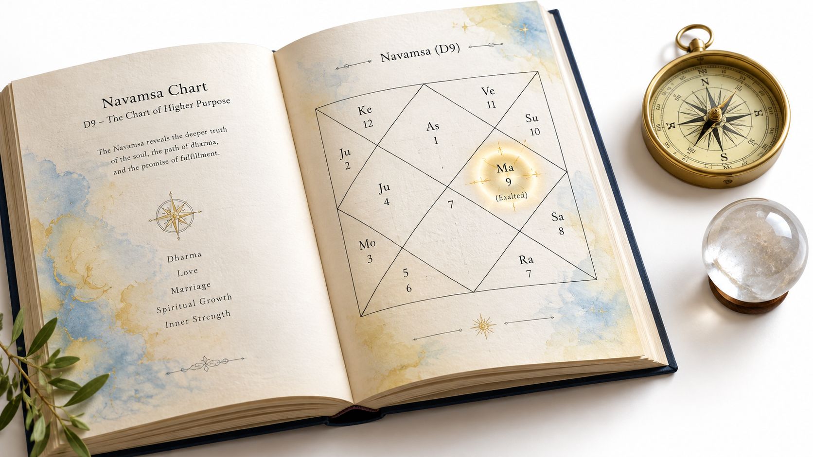 An open book displaying a Navamsa D9 astrological chart alongside a vintage brass compass and crystal ball.